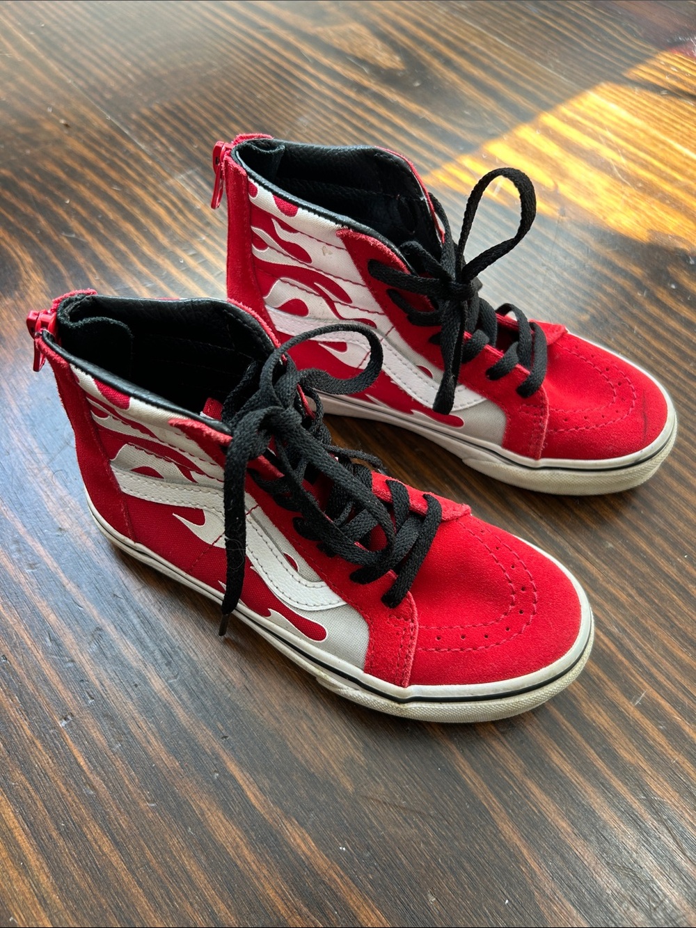 Vans Kids Red and White High-Top Sneakers with Flame Detail